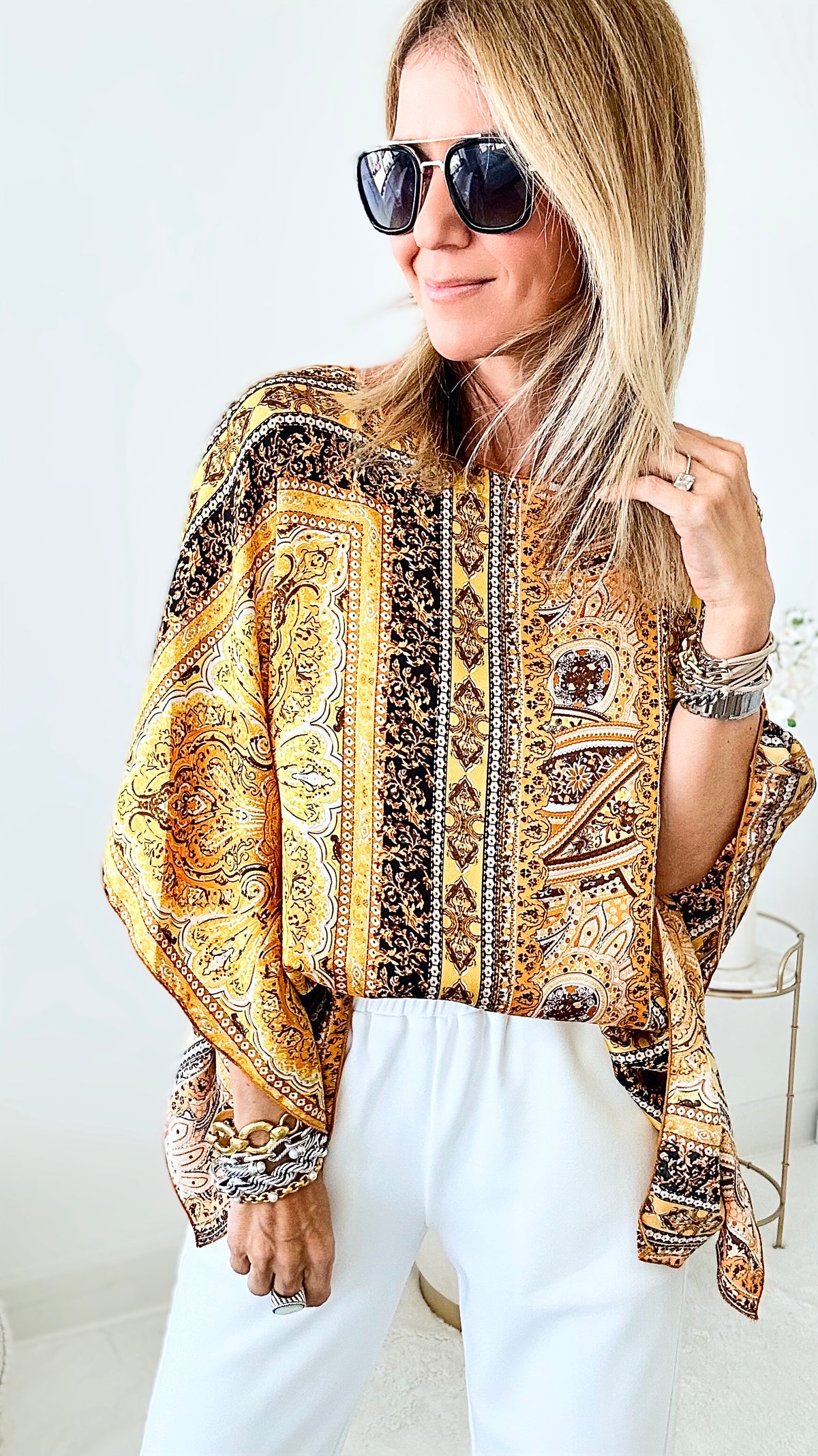 Divine Ornate Silky Blouse-130 Long Sleeve Tops-Rousseau-Coastal Bloom Boutique, find the trendiest versions of the popular styles and looks Located in Indialantic, FL