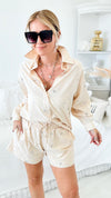 Girl Power Blouse Shorts Set - Beige-130 Long Sleeve Tops-BLUE B-Coastal Bloom Boutique, find the trendiest versions of the popular styles and looks Located in Indialantic, FL