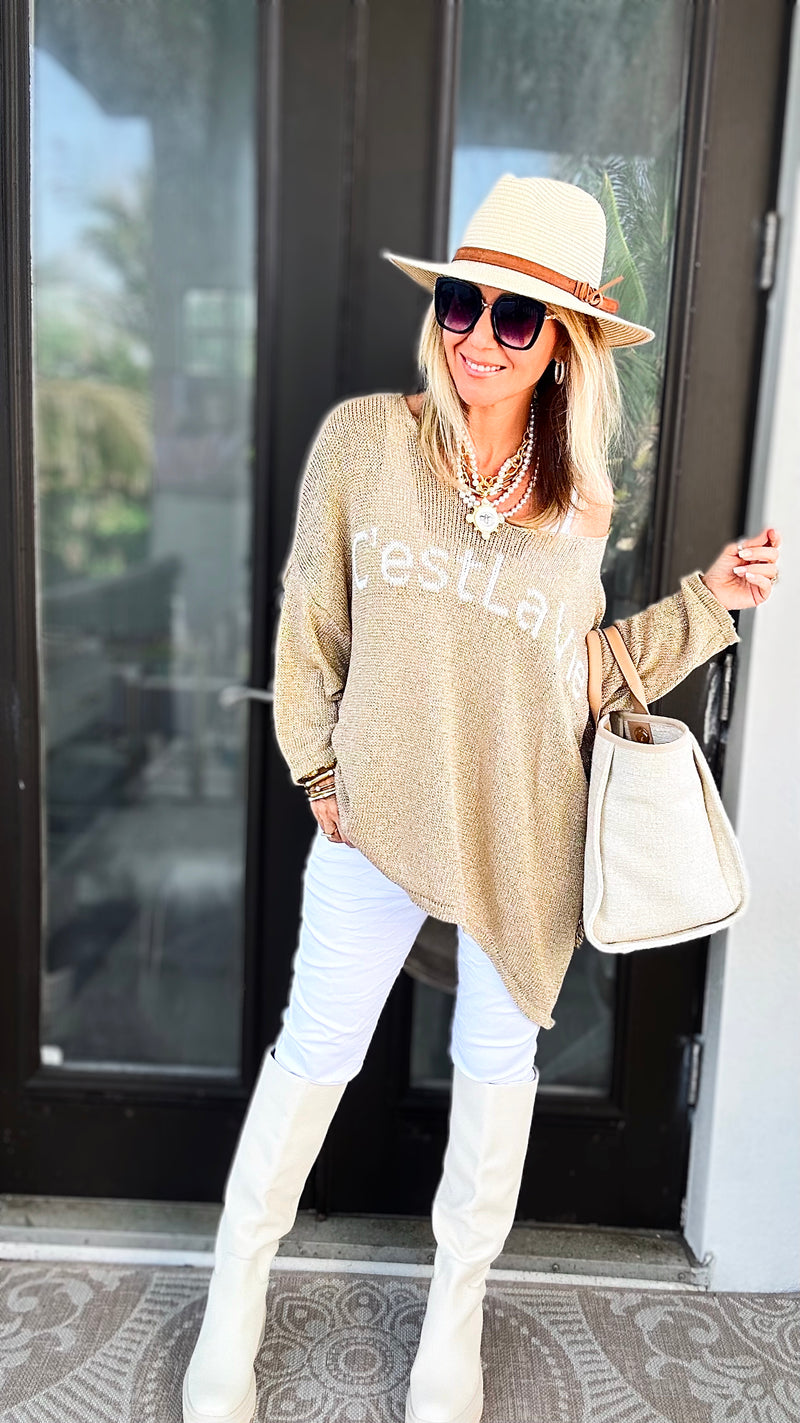 Italian C'est La Vie Knit Pullover - Gold-140 Sweaters-Yolly-Coastal Bloom Boutique, find the trendiest versions of the popular styles and looks Located in Indialantic, FL
