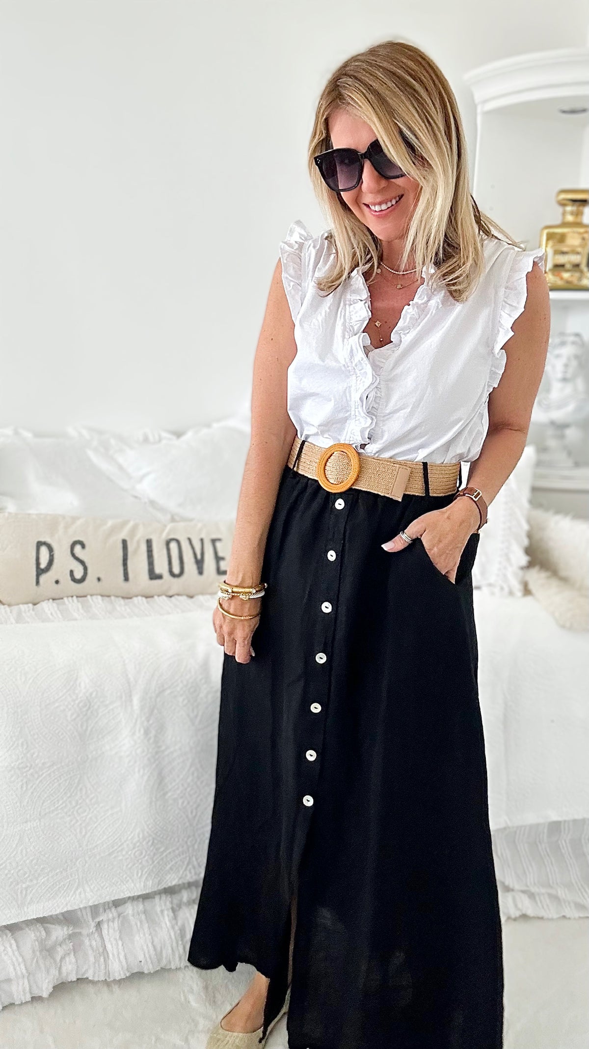 Belted Italian Linen Midi Button Skirt - Black-170 Bottoms-Yolly-Coastal Bloom Boutique, find the trendiest versions of the popular styles and looks Located in Indialantic, FL