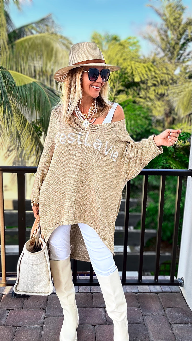 Italian C'est La Vie Knit Pullover - Gold-140 Sweaters-Yolly-Coastal Bloom Boutique, find the trendiest versions of the popular styles and looks Located in Indialantic, FL