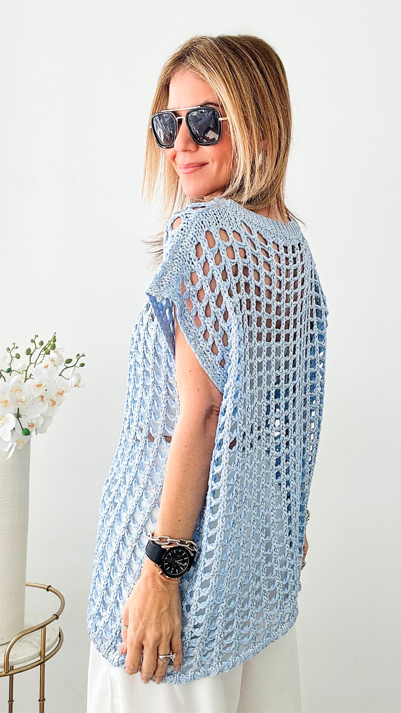 Crochet Dolman Metallic Top - Light Blue-100 Sleeveless Tops-she+sky-Coastal Bloom Boutique, find the trendiest versions of the popular styles and looks Located in Indialantic, FL