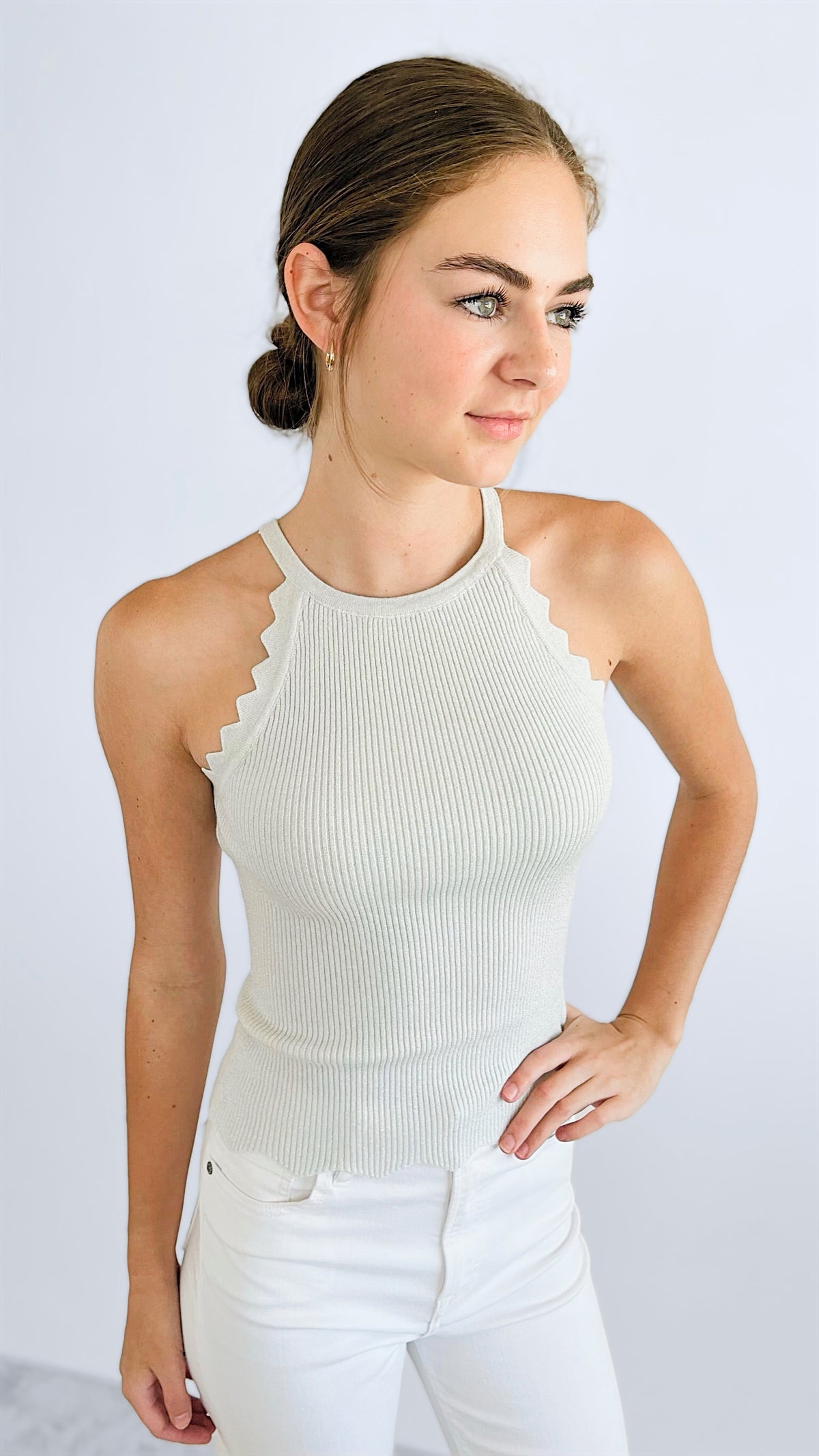 Refined Shimmer Halter Italian Tank Top - Silver/Ivory-100 Sleeveless Tops-Yolly-Coastal Bloom Boutique, find the trendiest versions of the popular styles and looks Located in Indialantic, FL