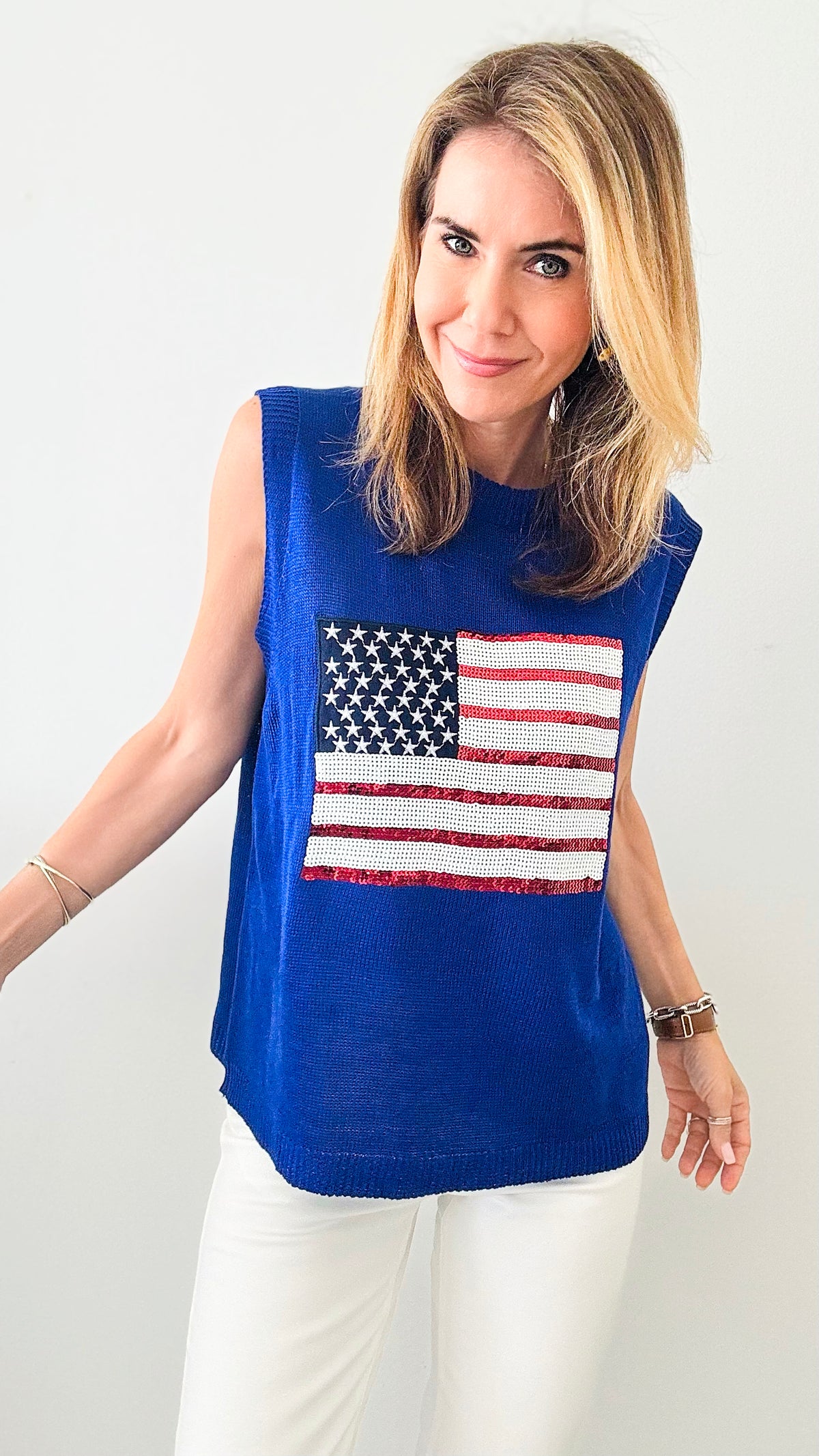 Sleeveless Sequined Flag Knit Vest Top - Royal-100 Sleeveless Tops-BIBI-Coastal Bloom Boutique, find the trendiest versions of the popular styles and looks Located in Indialantic, FL