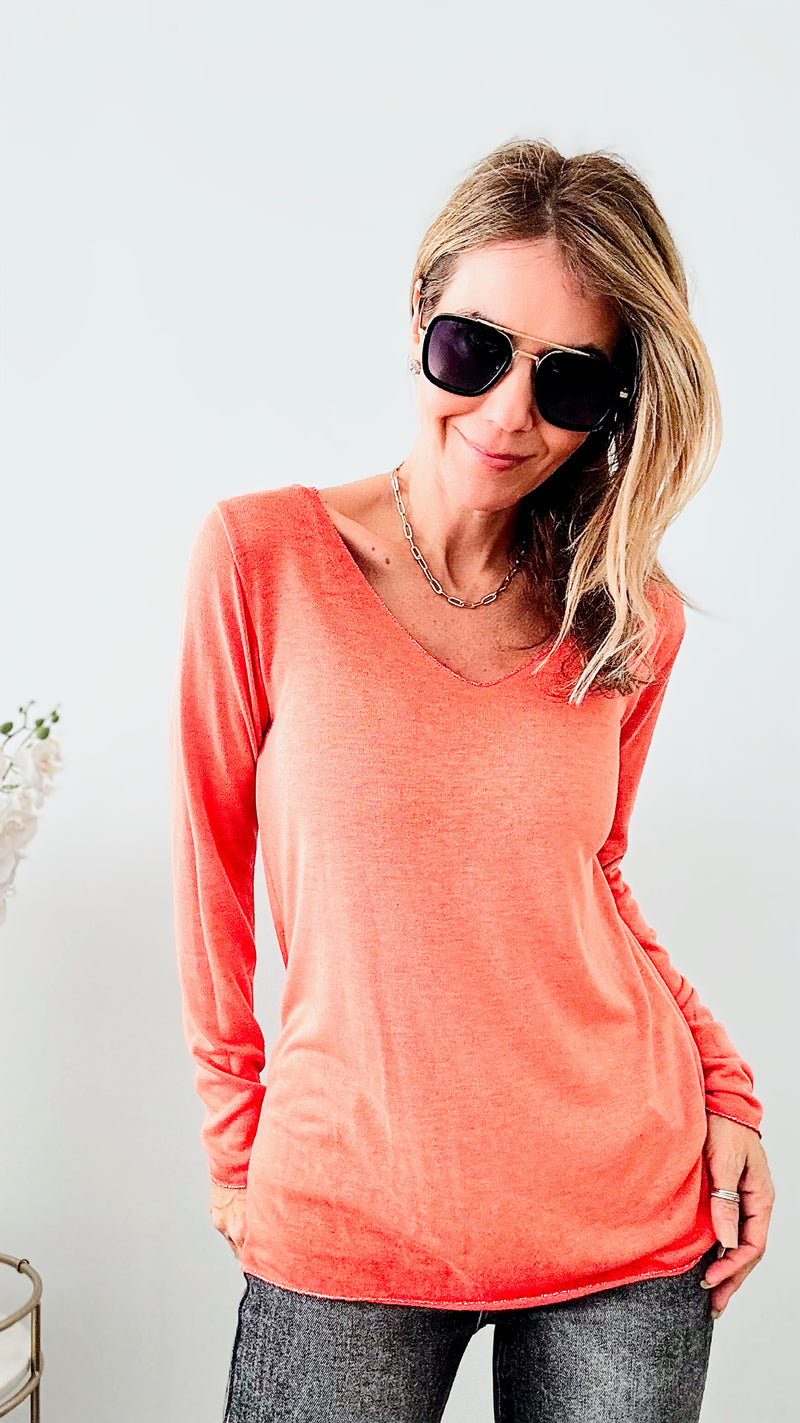 Recoleta Lurex Trim Italian Top- Orange-130 Long Sleeve Tops-Italianissimo-Coastal Bloom Boutique, find the trendiest versions of the popular styles and looks Located in Indialantic, FL