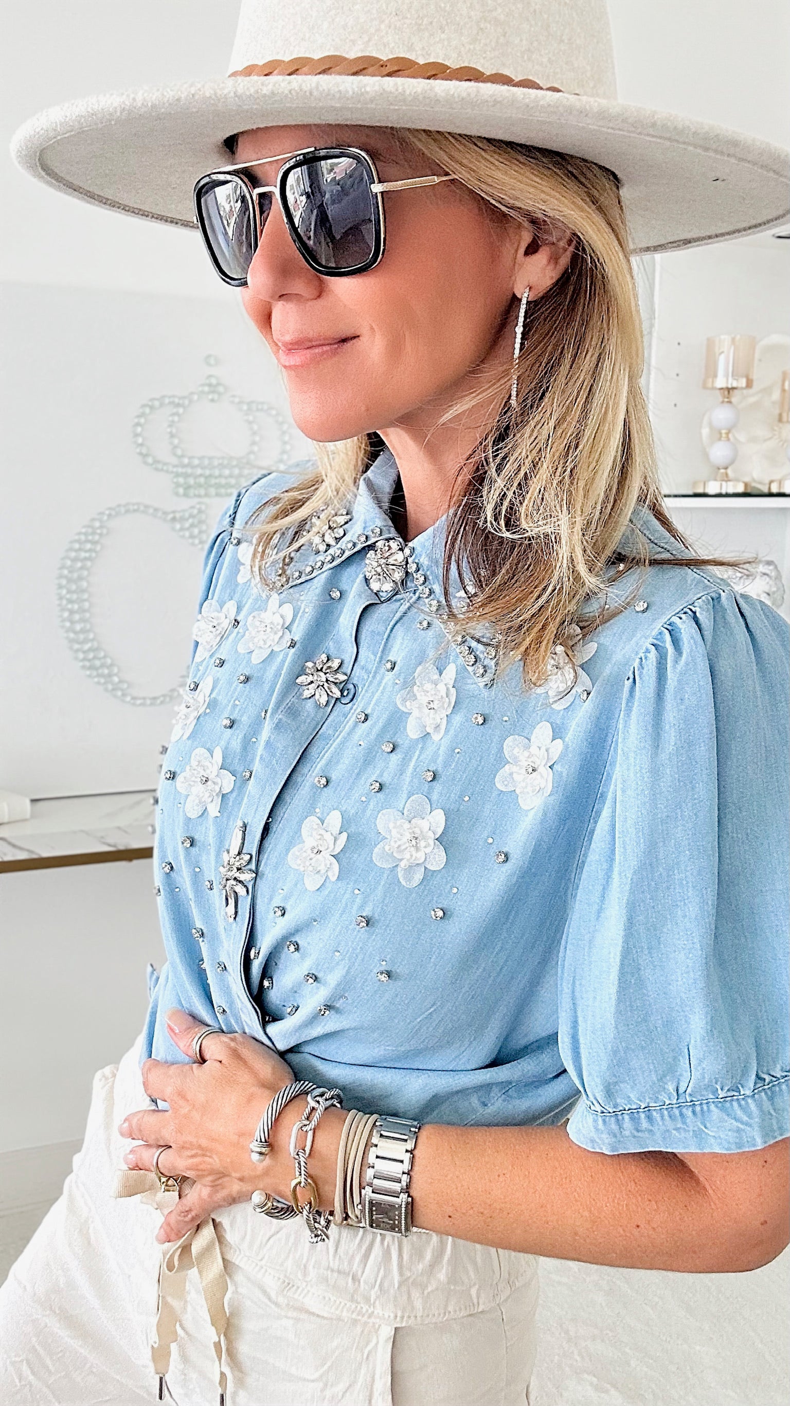 Not So Casual Flowers & Marquise Embellished Blouse-110 Short Sleeve Tops-LA' ROS-Coastal Bloom Boutique, find the trendiest versions of the popular styles and looks Located in Indialantic, FL