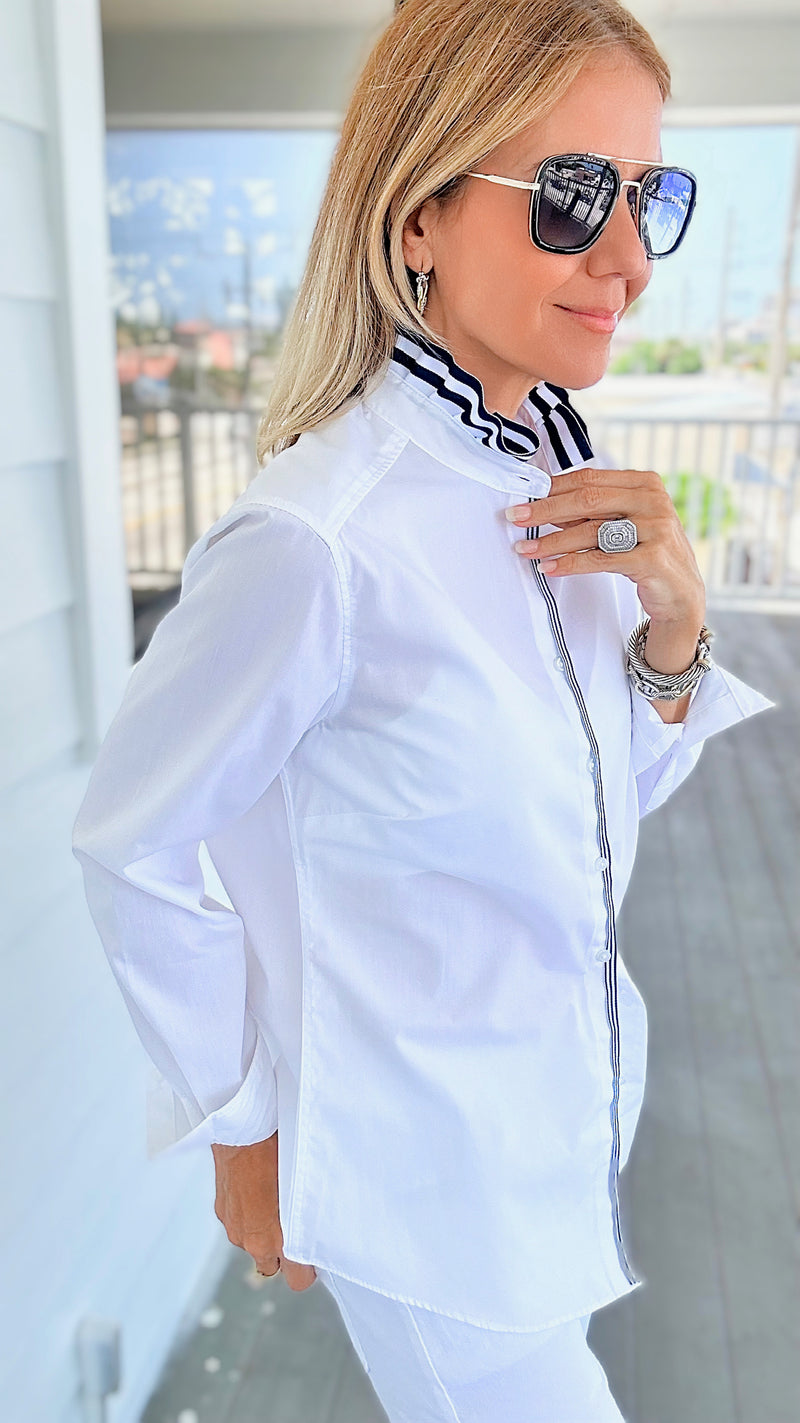 Ruffled Ribbon Collar - White Navy-130 Long Sleeve Tops-Pearly Vine-Coastal Bloom Boutique, find the trendiest versions of the popular styles and looks Located in Indialantic, FL