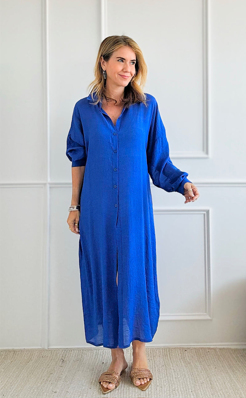Classic Long Sleeves Maxi Shirt - Royal Blue-130 Long Sleeve Tops-Max Accessories-Coastal Bloom Boutique, find the trendiest versions of the popular styles and looks Located in Indialantic, FL