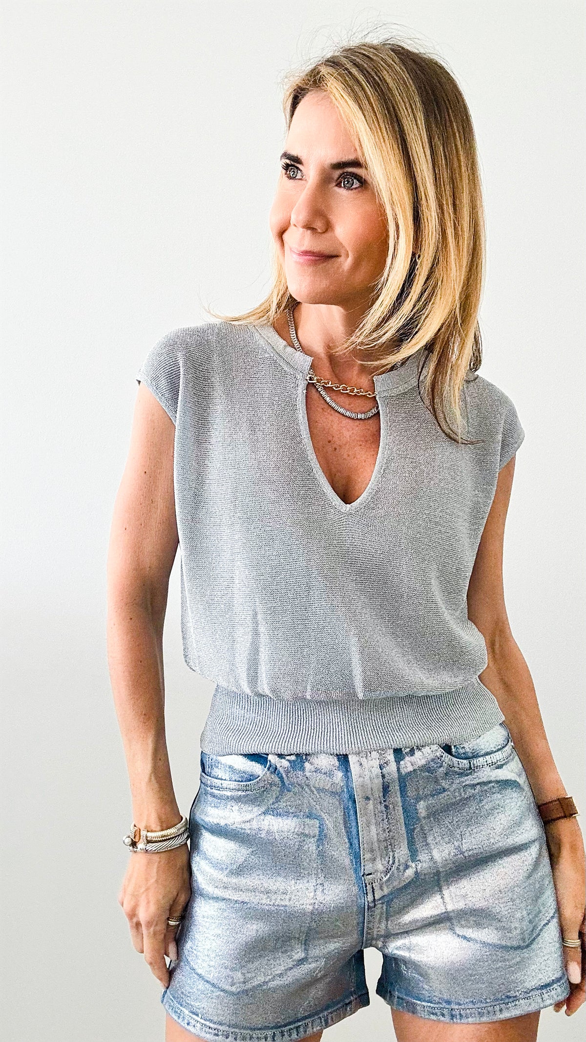 Metallic Chain Detail Knit Top - Silver DAMAGED-110 Short Sleeve Tops-Galita-Coastal Bloom Boutique, find the trendiest versions of the popular styles and looks Located in Indialantic, FL