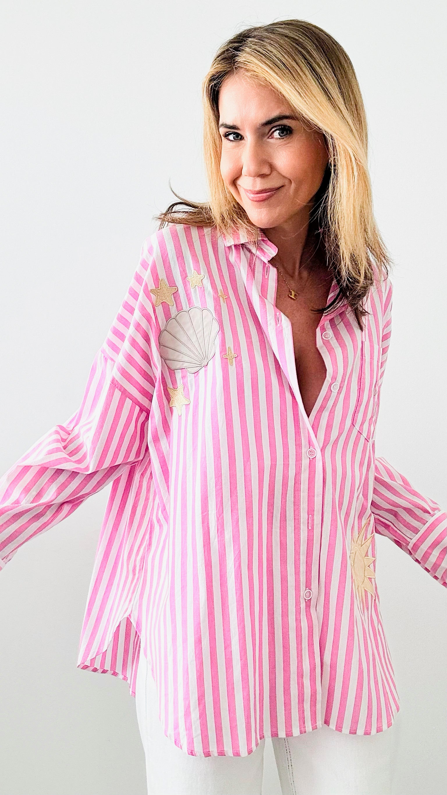 Sun + Shells Striped Italian Blouse - Pink-170 Bottoms-Italianissimo-Coastal Bloom Boutique, find the trendiest versions of the popular styles and looks Located in Indialantic, FL