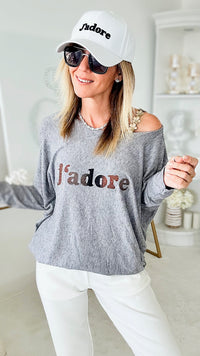 Italian J'adore Long Sleeve Pullover - Grey-130 Long Sleeve Tops-Yolly-Coastal Bloom Boutique, find the trendiest versions of the popular styles and looks Located in Indialantic, FL