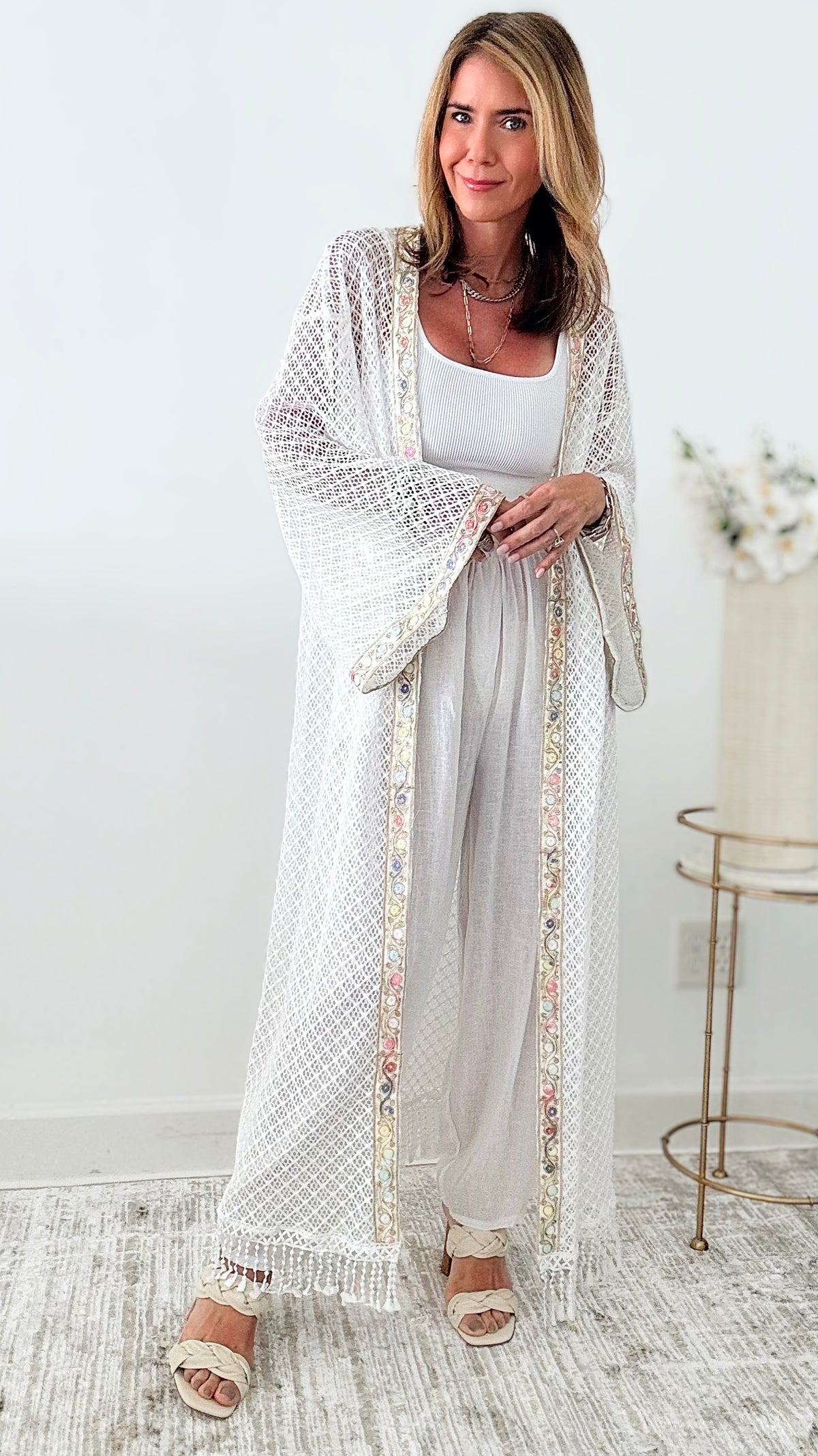 Open Embellished Knit Long Kimono - White-150 Cardigan Layers-original usa-Coastal Bloom Boutique, find the trendiest versions of the popular styles and looks Located in Indialantic, FL