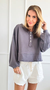 Button-up Crop Long Sleeves Top - Charcoal-130 Long Sleeve Tops-BucketList-Coastal Bloom Boutique, find the trendiest versions of the popular styles and looks Located in Indialantic, FL