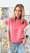 Coated Metallic Boxy Top - Coral Pink-140 Sweaters-she+sky-Coastal Bloom Boutique, find the trendiest versions of the popular styles and looks Located in Indialantic, FL