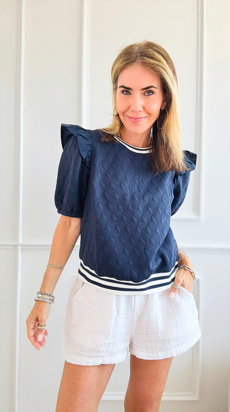 Preppy Ruffled Detail Textured Knit Top - Navy-110 Short Sleeve Tops-VOY-Coastal Bloom Boutique, find the trendiest versions of the popular styles and looks Located in Indialantic, FL