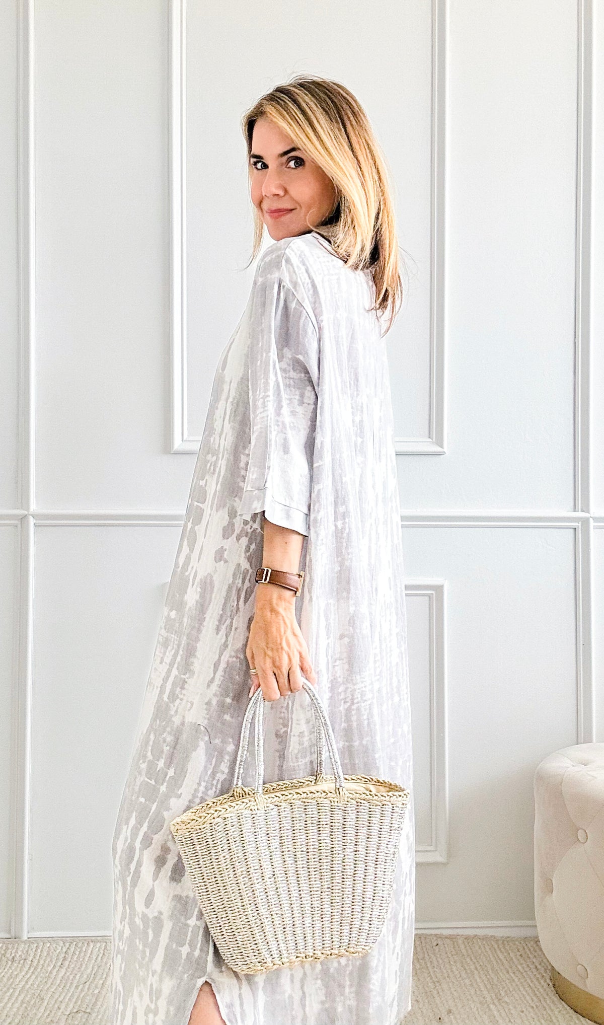 Relaxed Tie-Dye Linen Italian Dress - Grey/White-200 dresses/jumpsuits/rompers-Italianissimo-Coastal Bloom Boutique, find the trendiest versions of the popular styles and looks Located in Indialantic, FL