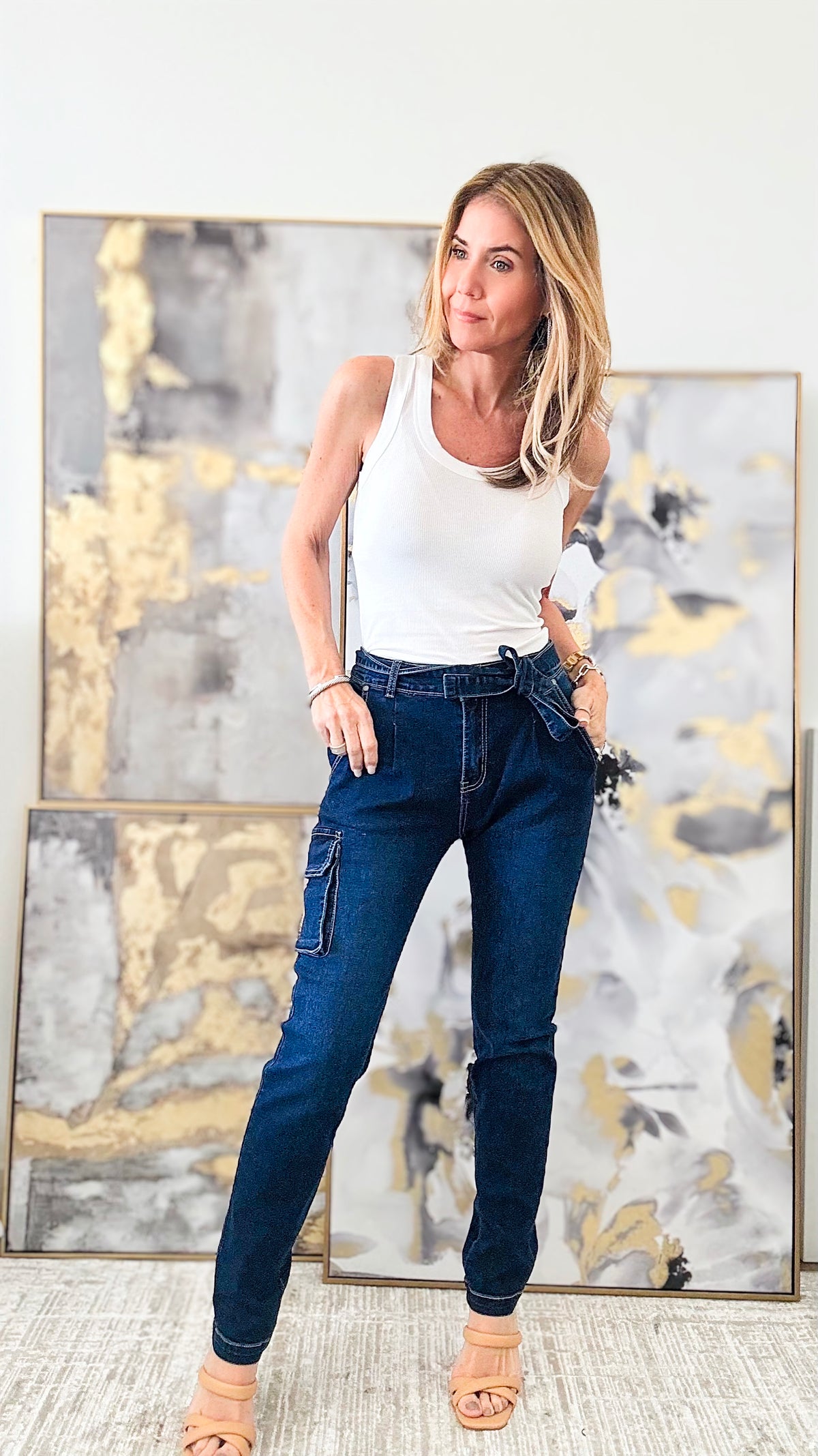Tied Cargo Denim Italian Pants - Dark-170 Bottoms-Venti6-Coastal Bloom Boutique, find the trendiest versions of the popular styles and looks Located in Indialantic, FL