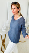 Italian Ultra Soft Knit Lurex Sweater - Blue-140 Sweaters-Venti6 Outlet-Coastal Bloom Boutique, find the trendiest versions of the popular styles and looks Located in Indialantic, FL