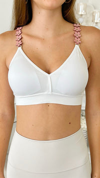 One Size White w/ Suede Blush Flowers Plunge Bra-220 Intimates-Strap-its-Coastal Bloom Boutique, find the trendiest versions of the popular styles and looks Located in Indialantic, FL