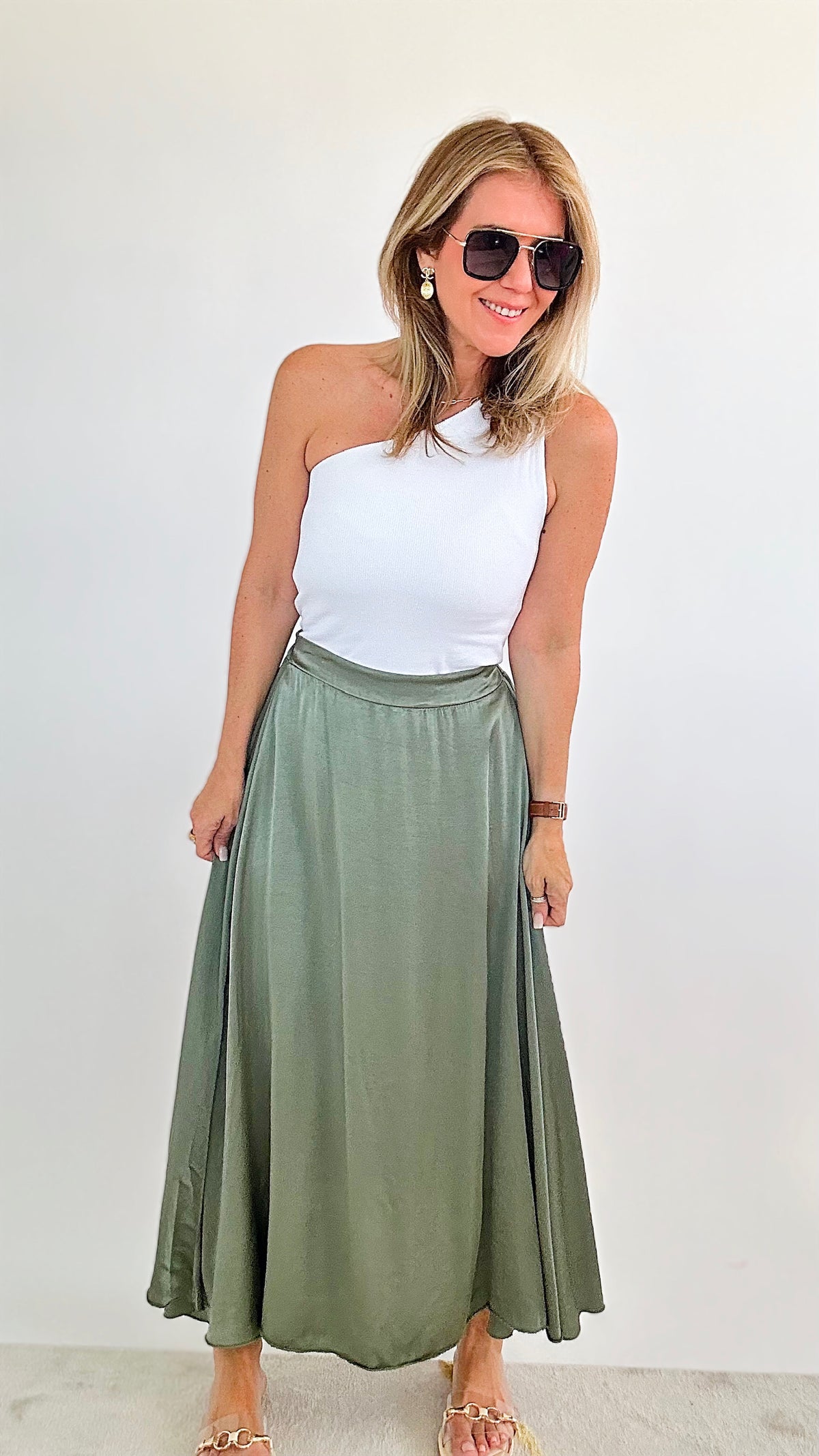 Manhattan Italian Midi Skirt - Olive-170 Bottoms-Yolly-Coastal Bloom Boutique, find the trendiest versions of the popular styles and looks Located in Indialantic, FL