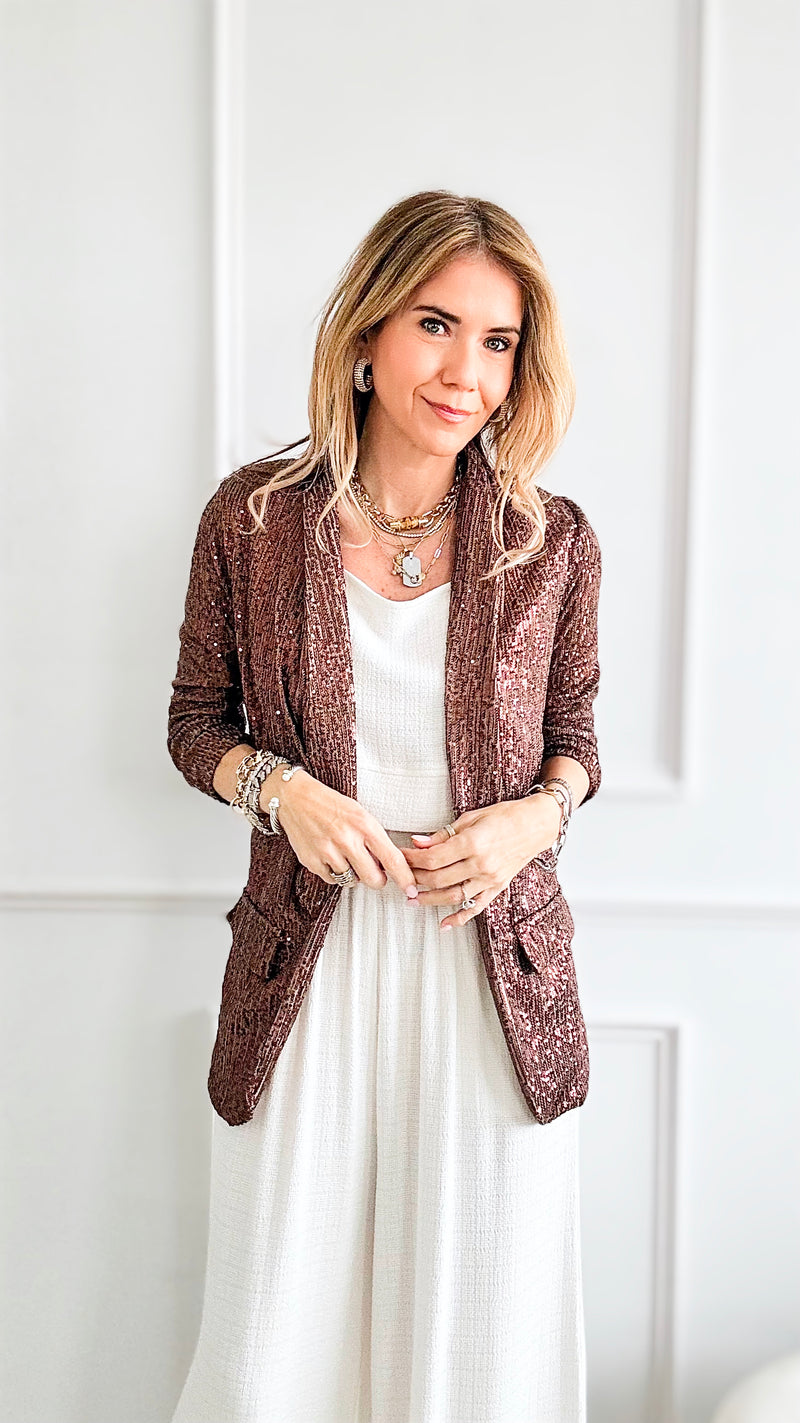 Italian Margot Sequin & Velvet Blazer - Chocolate Brown-160 Jackets-Venti6 Outlet-Coastal Bloom Boutique, find the trendiest versions of the popular styles and looks Located in Indialantic, FL