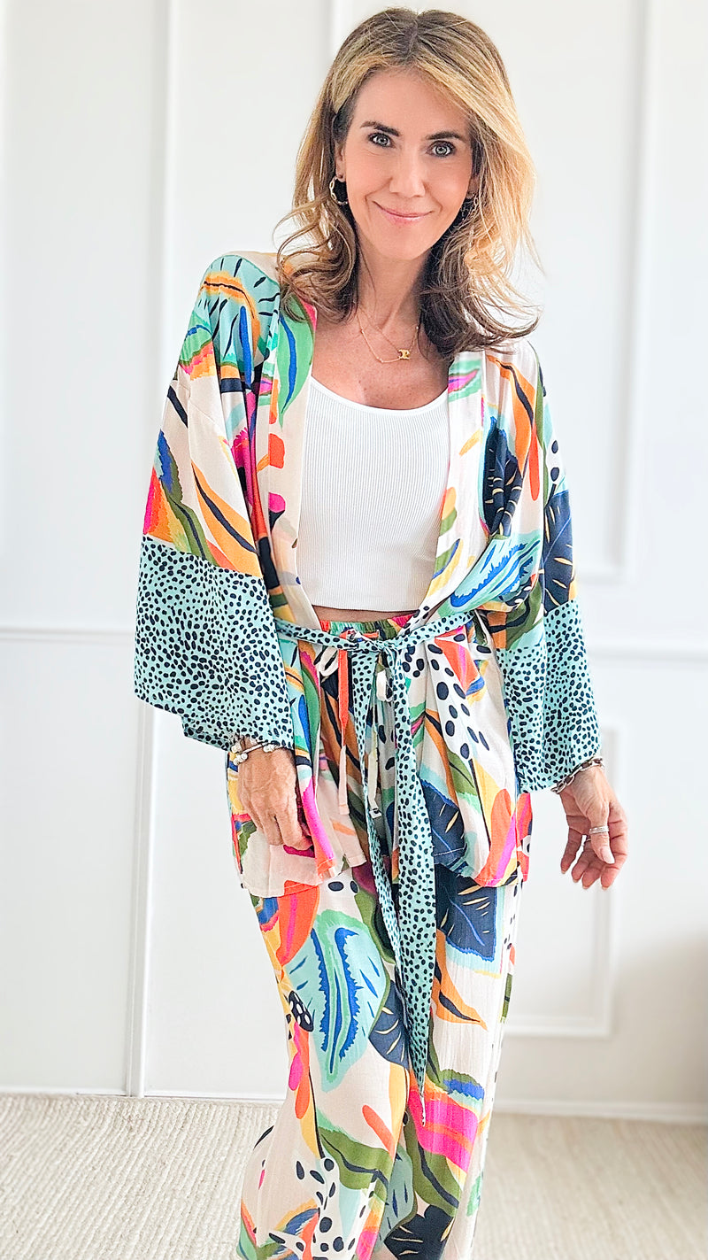 Tropical Printed Front Tie Kimono-Cream,Multi-150 Cardigans/Layers-Paparazzi-Coastal Bloom Boutique, find the trendiest versions of the popular styles and looks Located in Indialantic, FL