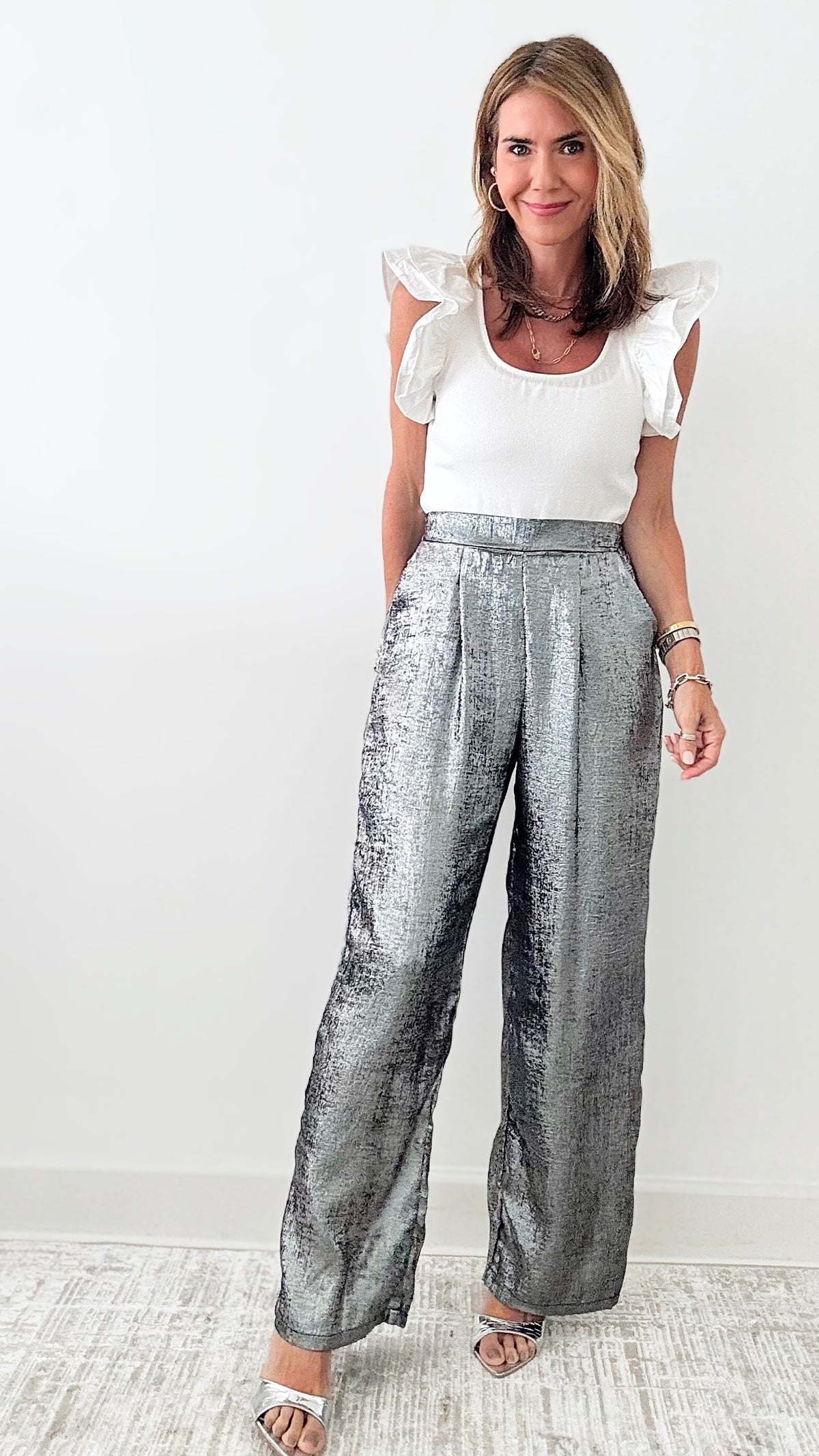 Metallic Wide Leg Pants - Metalic Greey /Black-170 Bottoms-original usa-Coastal Bloom Boutique, find the trendiest versions of the popular styles and looks Located in Indialantic, FL