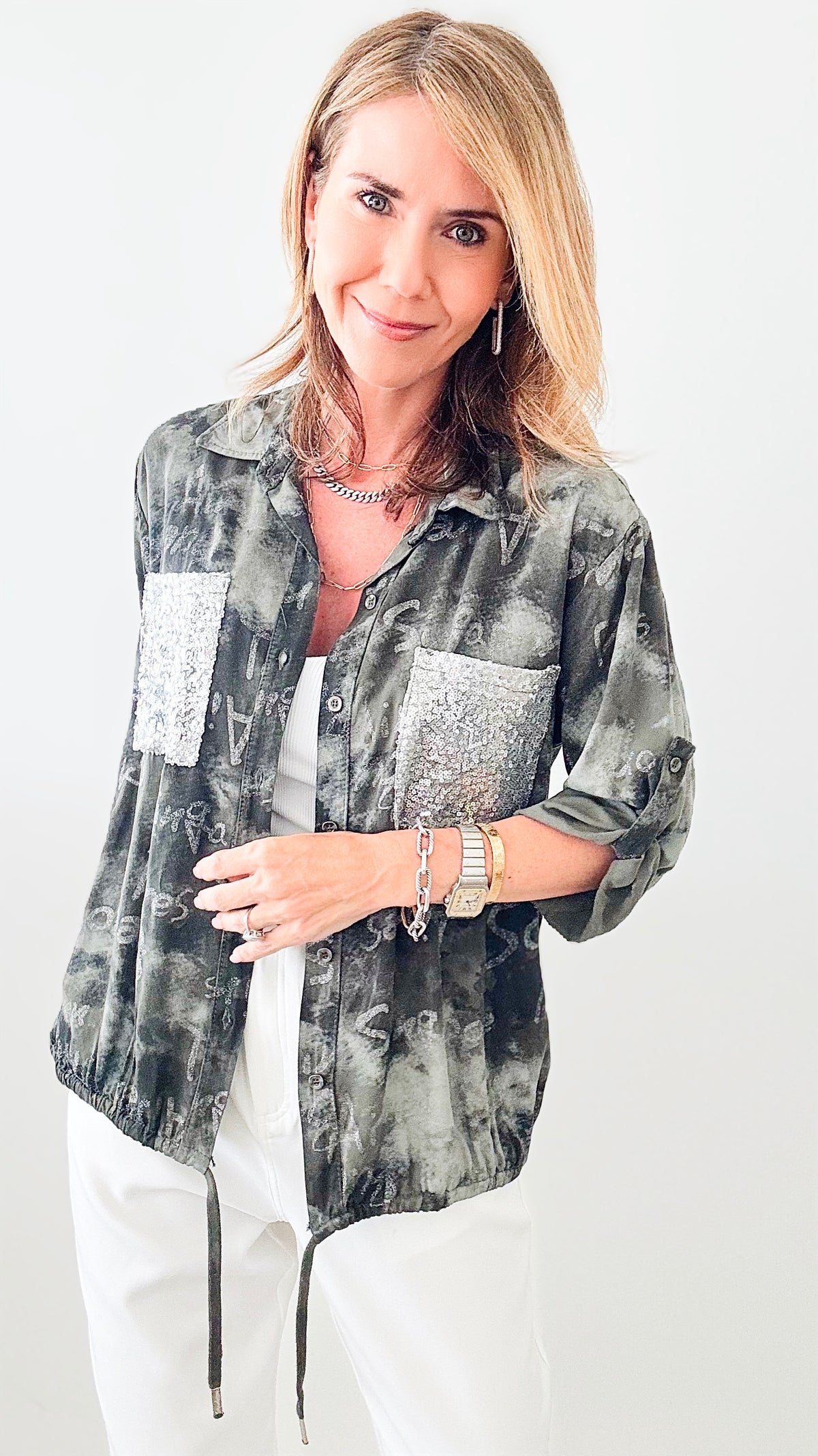 Italian Olive Glitter Writing Button Up Top-130 Long Sleeve Tops-Look Mode-Coastal Bloom Boutique, find the trendiest versions of the popular styles and looks Located in Indialantic, FL