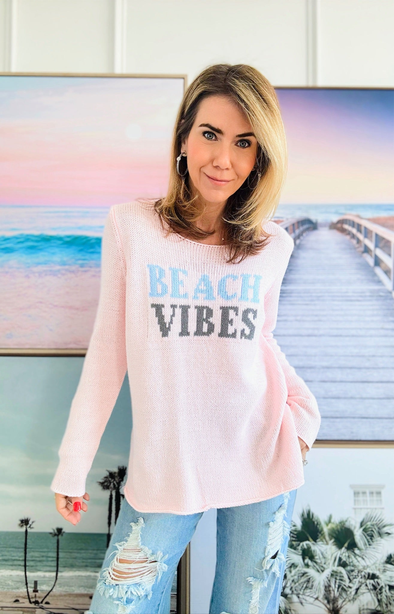 Beach Vibes Knit Sweater - Blush Multi-140 Sweaters-Miracle-Coastal Bloom Boutique, find the trendiest versions of the popular styles and looks Located in Indialantic, FL
