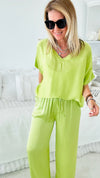 Angora Italian Satin Pant - Lime-170 Bottoms-Italianissimo-Coastal Bloom Boutique, find the trendiest versions of the popular styles and looks Located in Indialantic, FL