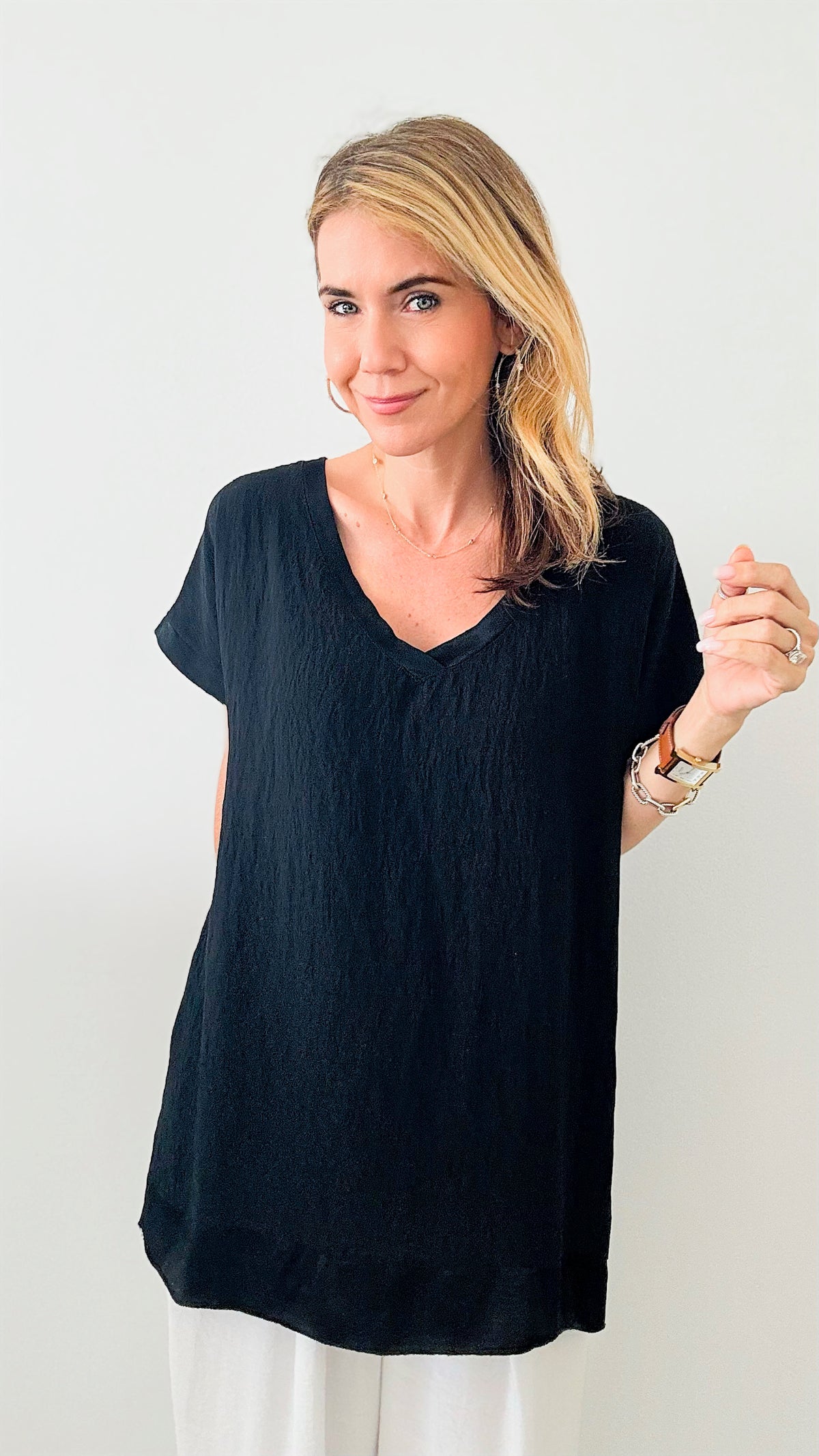 Satin Trim Italian Top - Black DAMAGED-110 Short Sleeve Tops-Italianissimo-Coastal Bloom Boutique, find the trendiest versions of the popular styles and looks Located in Indialantic, FL