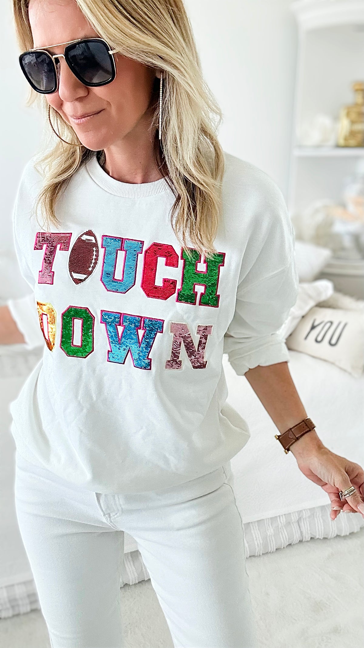 Sequin Touch Down Sweatshirt - White-130 Long Sleeve Tops-Blue B-Coastal Bloom Boutique, find the trendiest versions of the popular styles and looks Located in Indialantic, FL