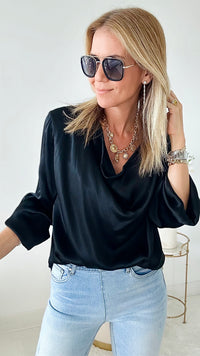 Long Sleeve Cowl Neck Italian Blouse - Black-130 Long Sleeve Tops-Germany-Coastal Bloom Boutique, find the trendiest versions of the popular styles and looks Located in Indialantic, FL