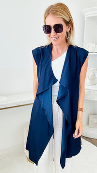 Waterfall Lapel Satin Vest - Navy-150 Cardigans/Layers-Wona-Coastal Bloom Boutique, find the trendiest versions of the popular styles and looks Located in Indialantic, FL