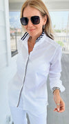 Ruffled Ribbon Collar - White Navy-130 Long Sleeve Tops-Pearly Vine-Coastal Bloom Boutique, find the trendiest versions of the popular styles and looks Located in Indialantic, FL
