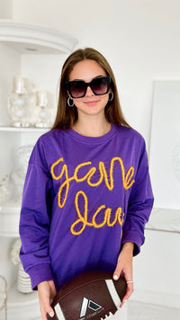 Metallic Game Day Sweatshirt - Purple/Gold-130 Long Sleeve Tops-BIBI-Coastal Bloom Boutique, find the trendiest versions of the popular styles and looks Located in Indialantic, FL