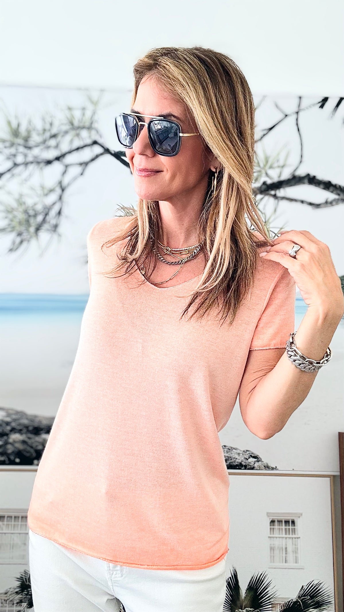 Recoleta Short Sleeve Italian Top - Melon-110 Short Sleeve Tops-Italianissimo-Coastal Bloom Boutique, find the trendiest versions of the popular styles and looks Located in Indialantic, FL