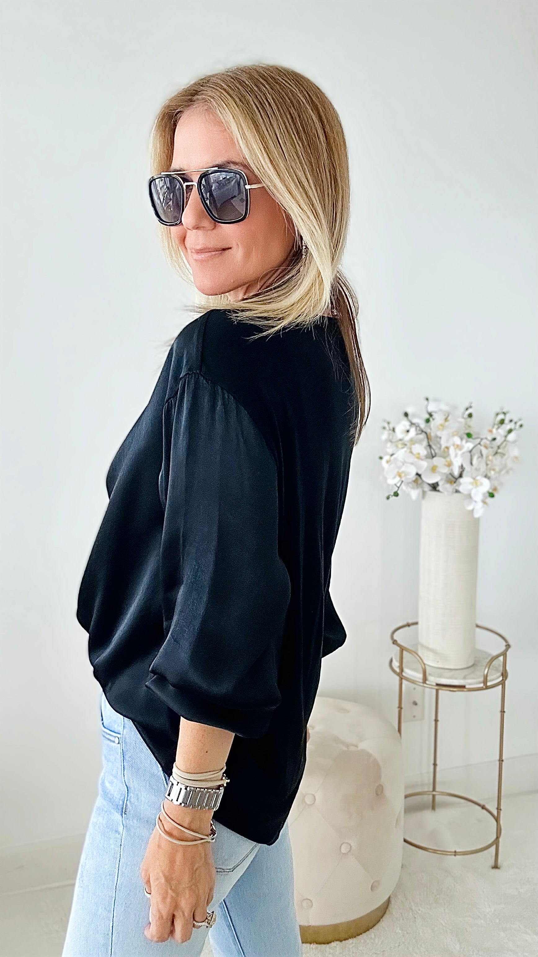 Long Sleeve Cowl Neck Italian Blouse - Black-130 Long Sleeve Tops-Germany-Coastal Bloom Boutique, find the trendiest versions of the popular styles and looks Located in Indialantic, FL