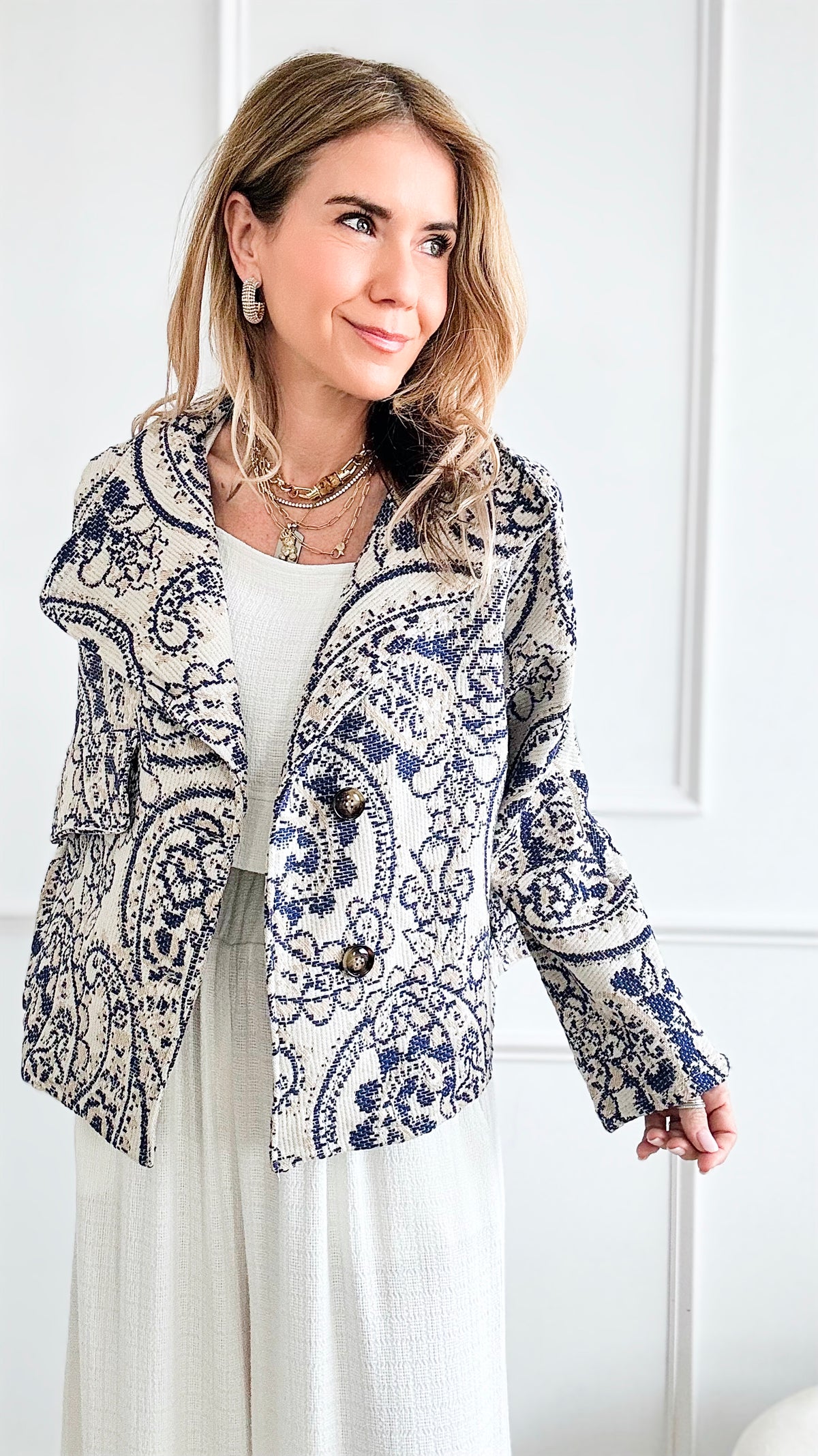 Paisley Print Italian Jacket - Navy/ Beige-160 Jackets-Germany-Coastal Bloom Boutique, find the trendiest versions of the popular styles and looks Located in Indialantic, FL