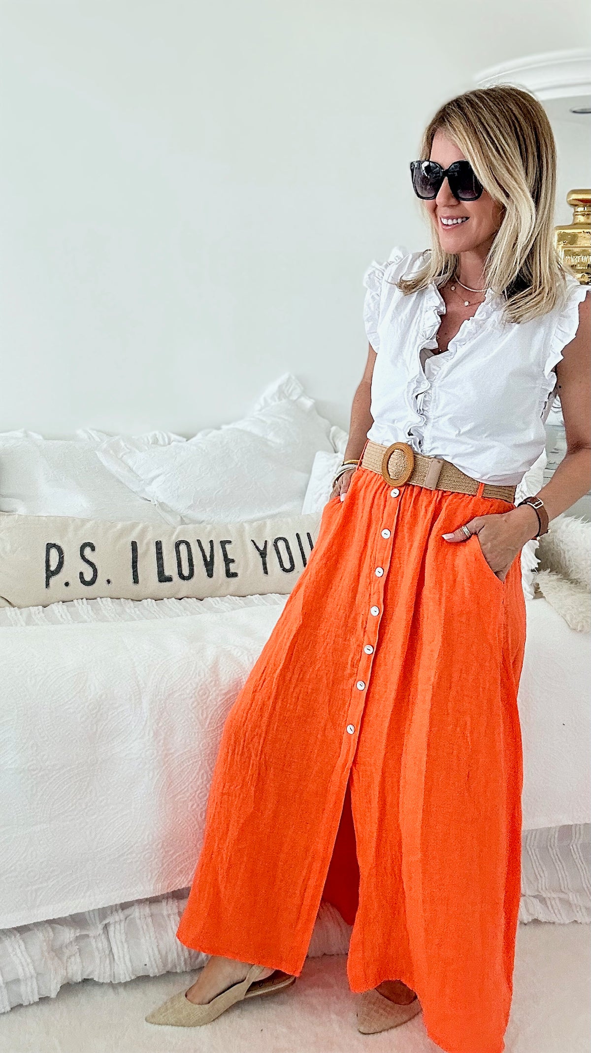 Belted Italian Linen Midi Button Skirt - Orange-170 Bottoms-Yolly-Coastal Bloom Boutique, find the trendiest versions of the popular styles and looks Located in Indialantic, FL