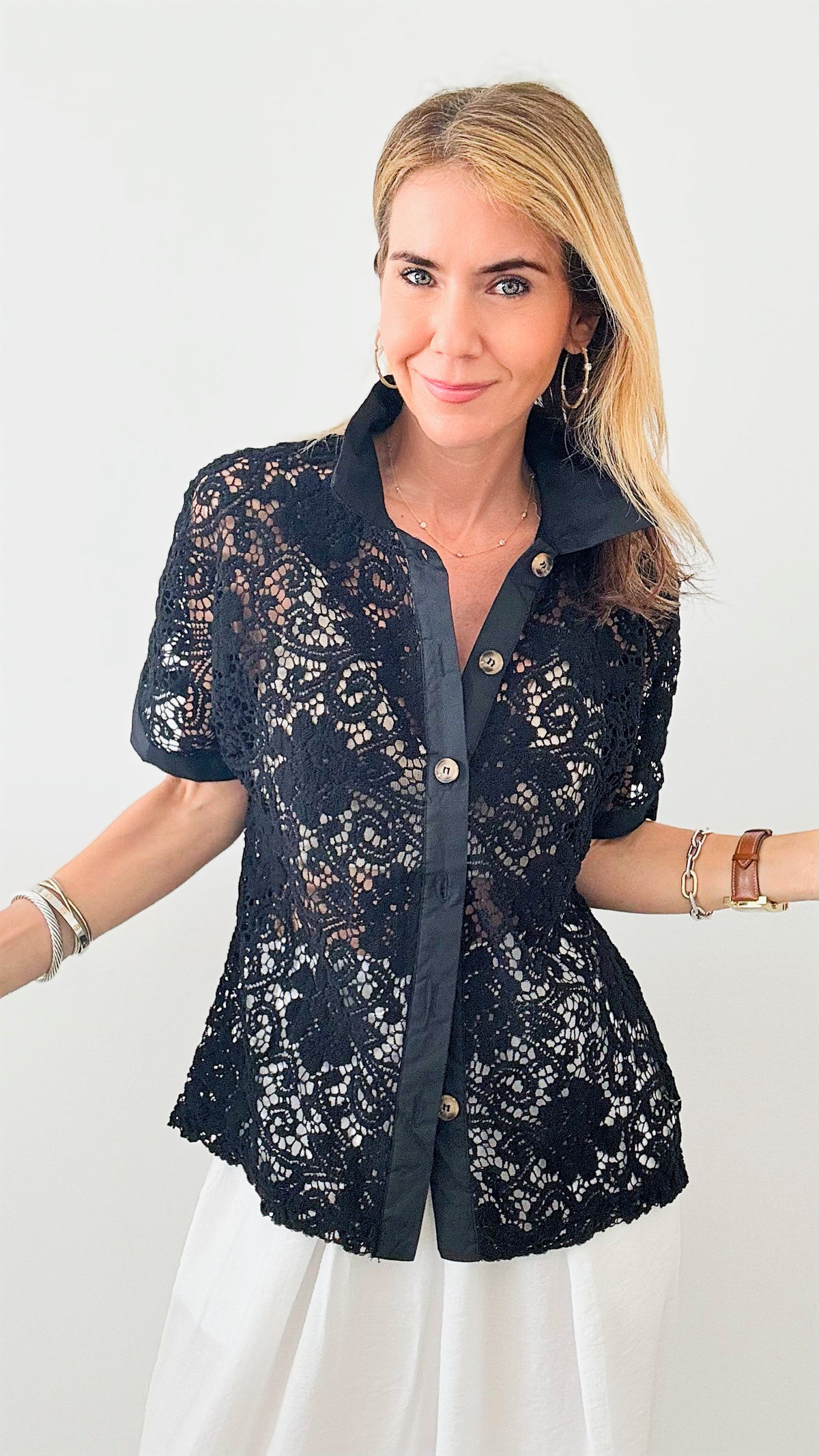 Short Sleeve Lace Button Down-110 Short Sleeve Tops-Rousseau-Coastal Bloom Boutique, find the trendiest versions of the popular styles and looks Located in Indialantic, FL