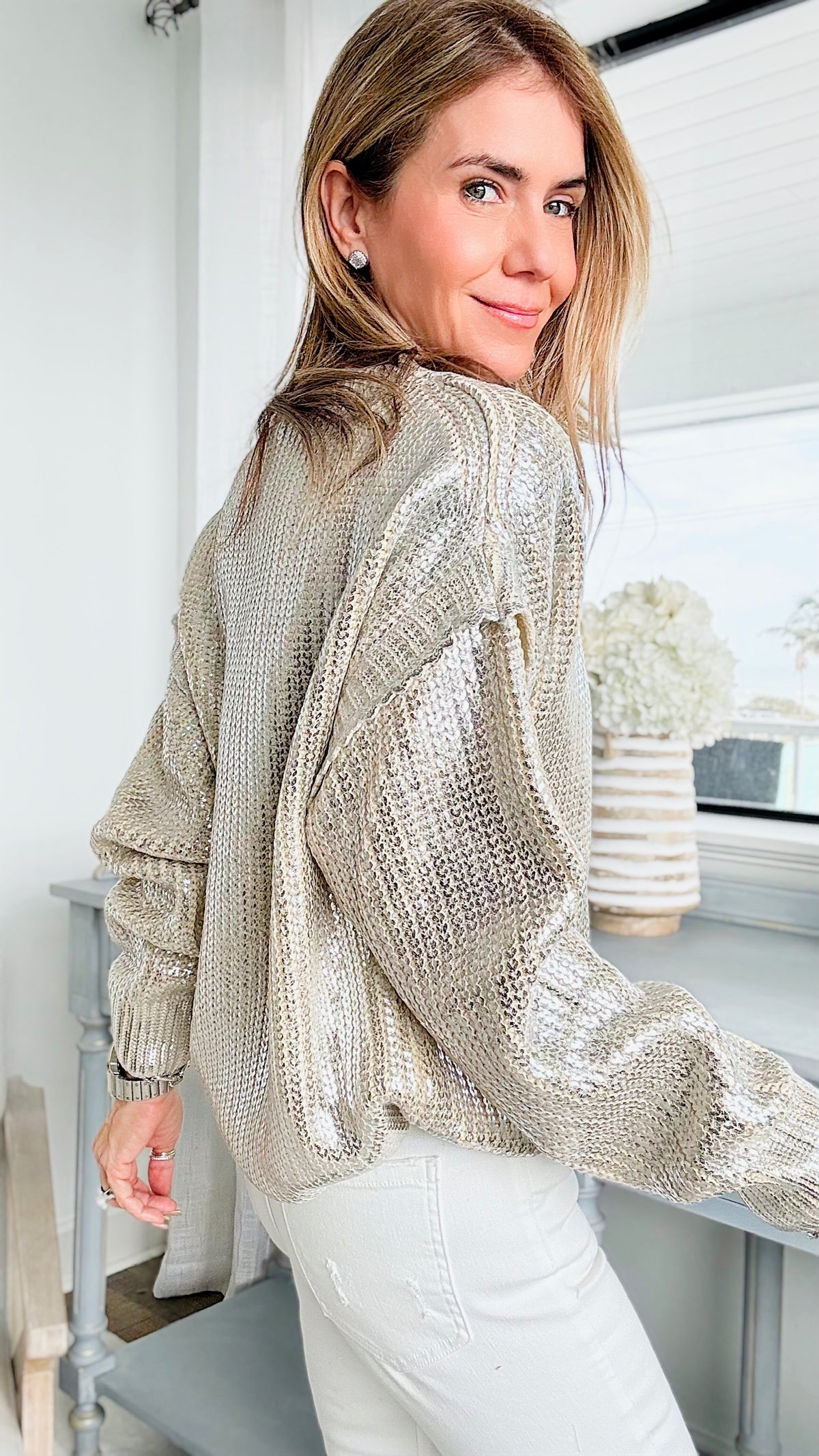 Metallic Pullover Sweater/Silver-140 Sweaters-SUNDAYUP-Coastal Bloom Boutique, find the trendiest versions of the popular styles and looks Located in Indialantic, FL