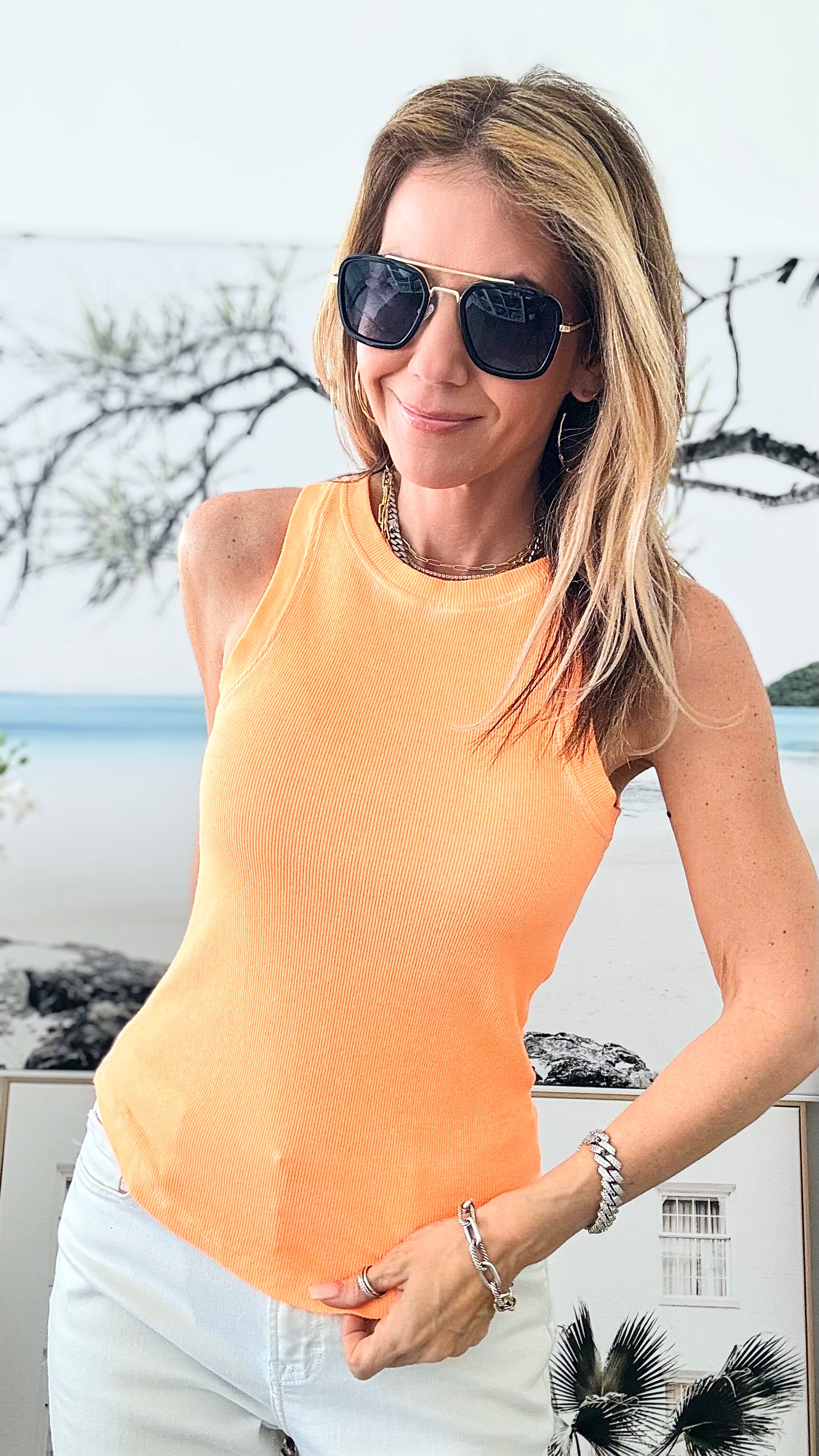Sunburst Glow Italian Tank - Neon Orange - DAMAGED-100 Sleeveless Tops-Germany-Coastal Bloom Boutique, find the trendiest versions of the popular styles and looks Located in Indialantic, FL