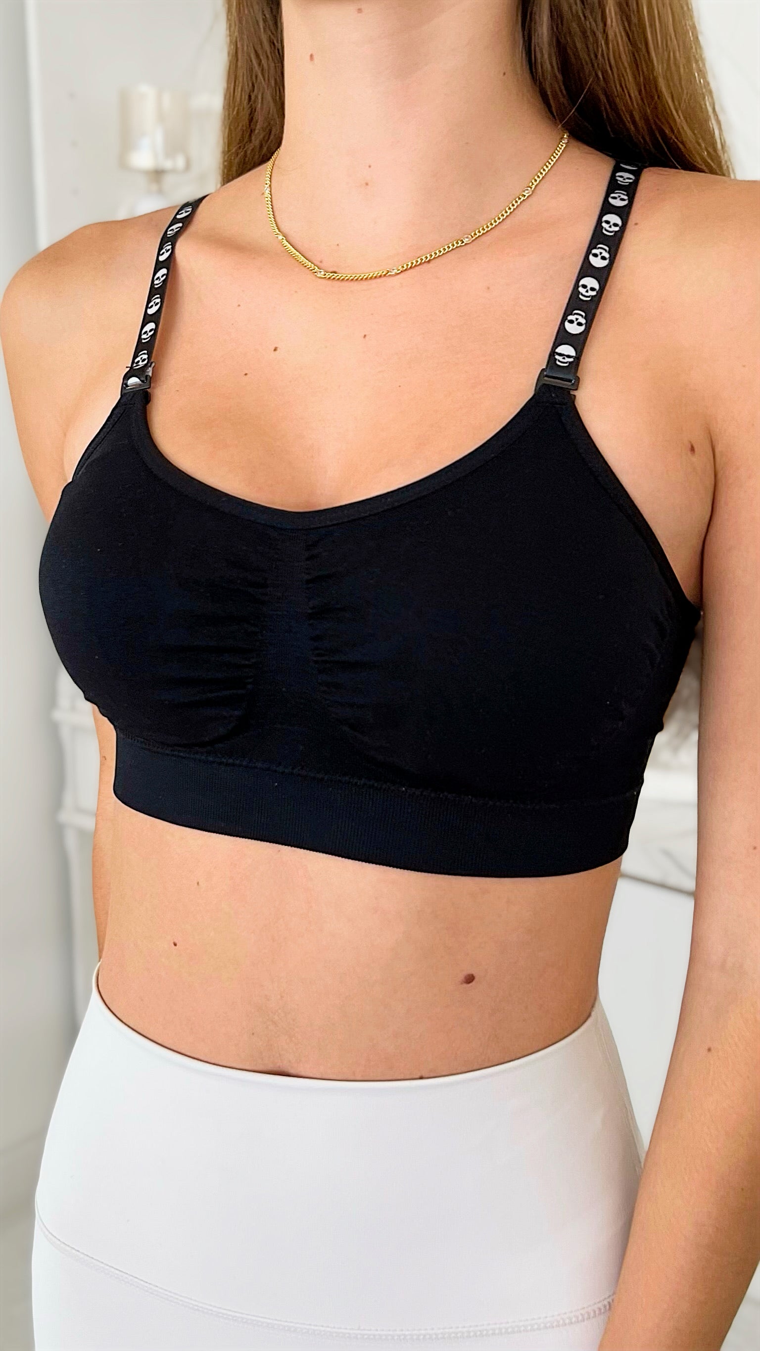 One Size Bra Black with White Skull Straps-220 Intimates-Strap-its-Coastal Bloom Boutique, find the trendiest versions of the popular styles and looks Located in Indialantic, FL