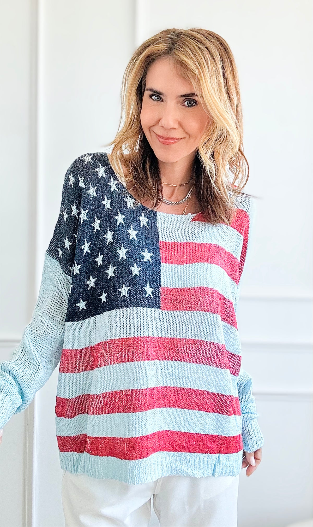 American Flag Knit - Light Blue-140 Sweaters-Miracle-Coastal Bloom Boutique, find the trendiest versions of the popular styles and looks Located in Indialantic, FL