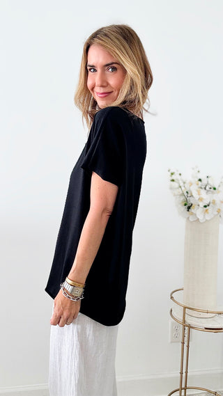 Easy Breezy Italian tee - Black-110 Short Sleeve Tops-Italianissimo-Coastal Bloom Boutique, find the trendiest versions of the popular styles and looks Located in Indialantic, FL