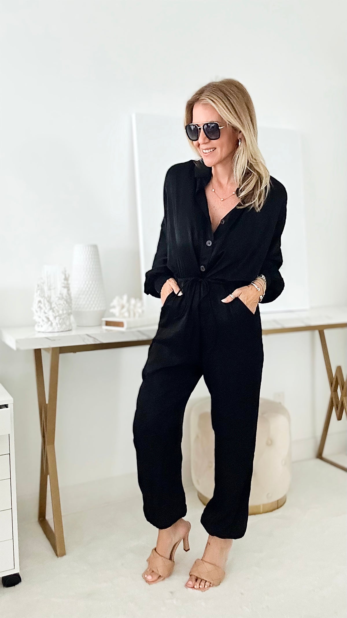 Ready to Go Drawstring Jumpsuit - Black-200 dresses/jumpsuits/rompers-HYFVE-Coastal Bloom Boutique, find the trendiest versions of the popular styles and looks Located in Indialantic, FL
