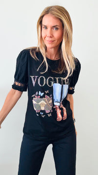 Vogue Moment Embellished Graphic Top - Black-110 Short Sleeve Tops-IN2YOU-Coastal Bloom Boutique, find the trendiest versions of the popular styles and looks Located in Indialantic, FL