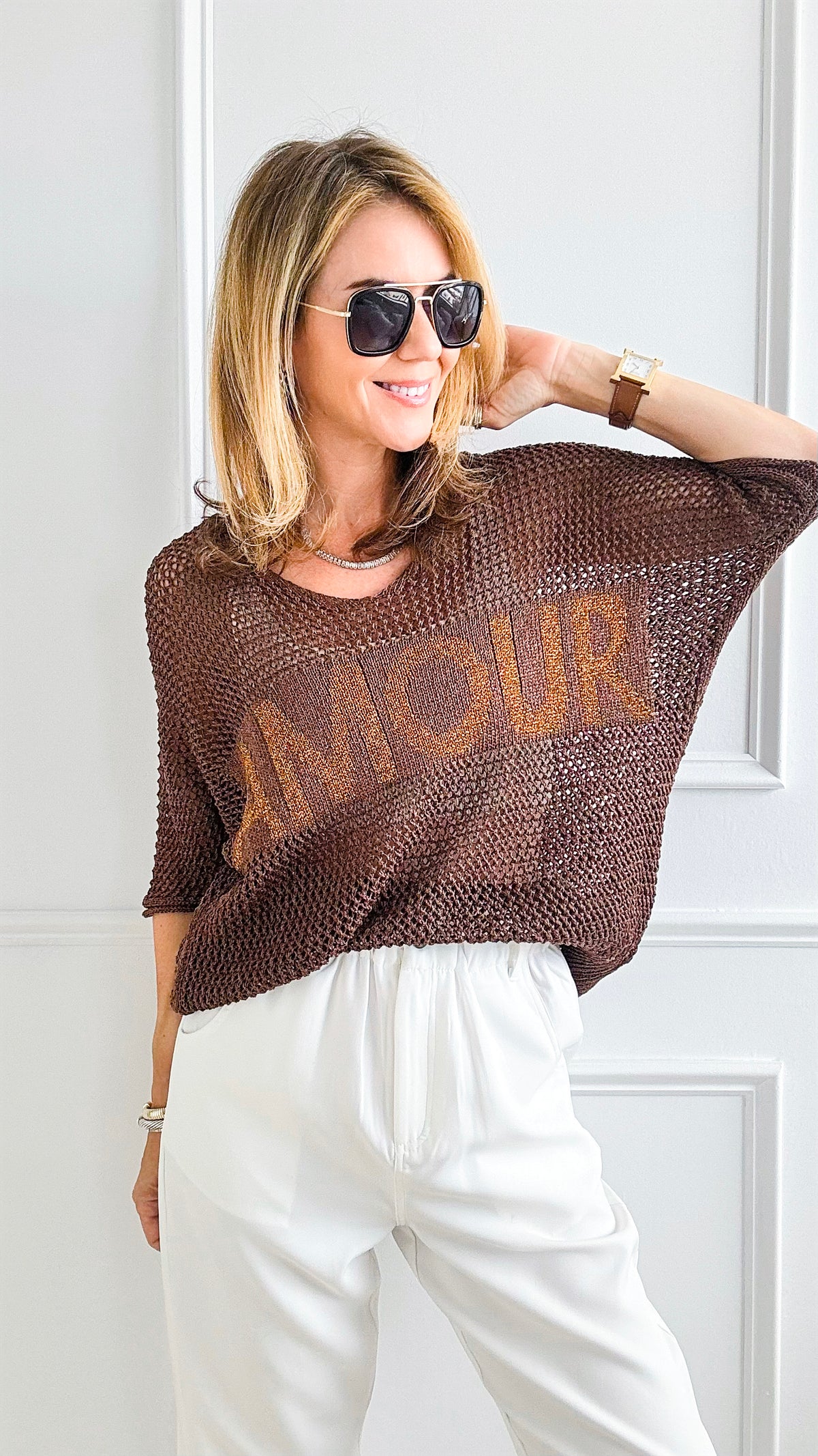 Amour Italian Crochet Pullover - Bronze-110 Short Sleeve Tops-Italianissimo-Coastal Bloom Boutique, find the trendiest versions of the popular styles and looks Located in Indialantic, FL