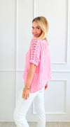 Crochet Short-Sleeved Top - Pink-110 Short Sleeve Tops-BIBI-Coastal Bloom Boutique, find the trendiest versions of the popular styles and looks Located in Indialantic, FL